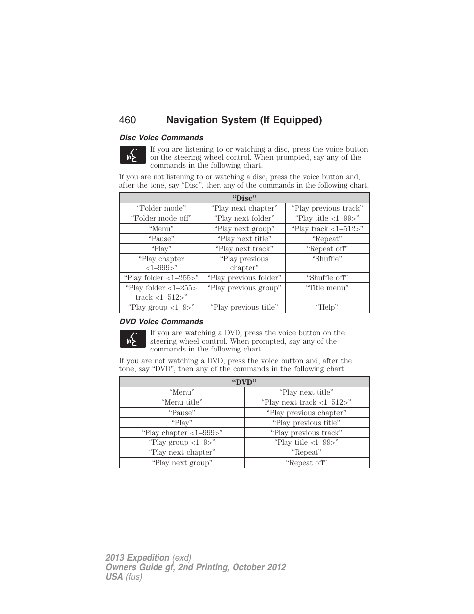 Disc voice commands, Dvd voice commands, 460 navigation system (if equipped) | FORD 2013 Expedition v.2 User Manual | Page 461 / 508