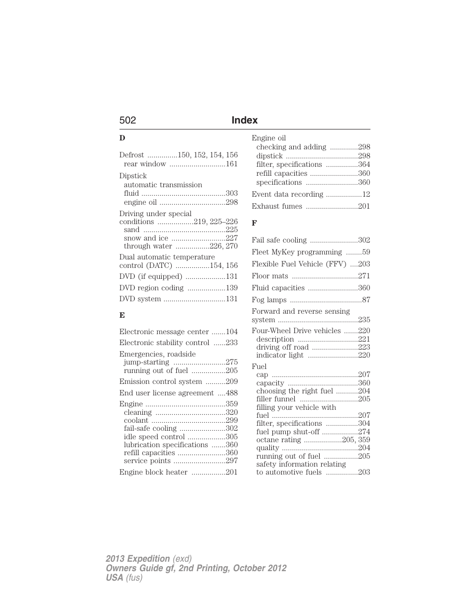 502 index | FORD 2013 Expedition v.2 User Manual | Page 503 / 508