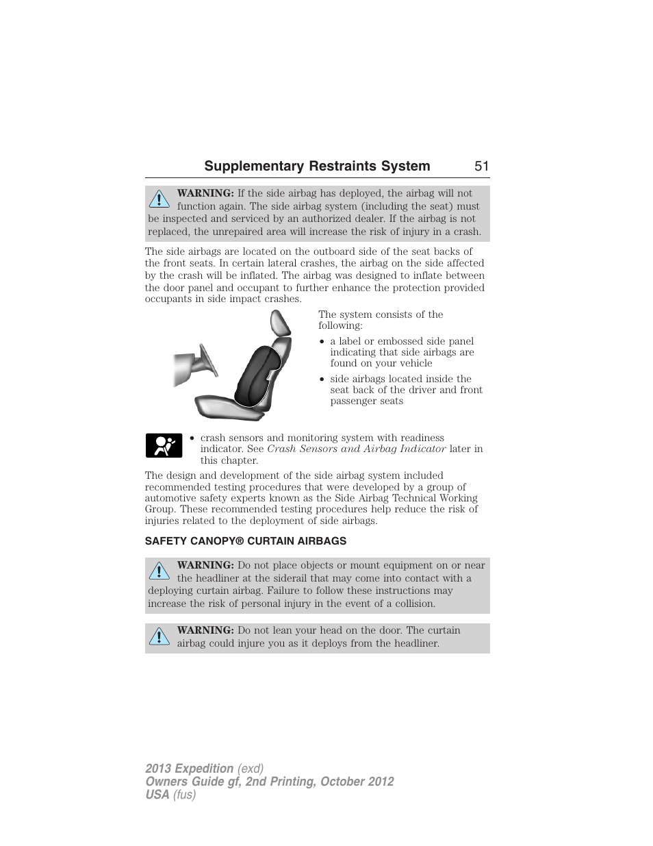 Safety canopy® curtain airbags, Safety canopy curtain airbags, Supplementary restraints system 51 | FORD 2013 Expedition v.2 User Manual | Page 52 / 508