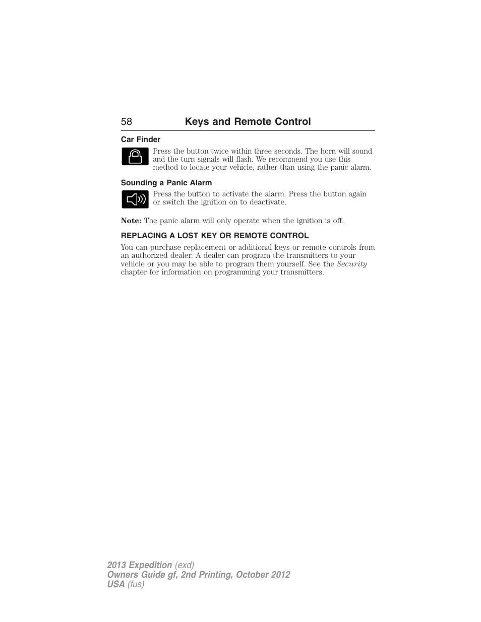 Car finder, Sounding a panic alarm, Replacing a lost key or remote control | 58 keys and remote control | FORD 2013 Expedition v.2 User Manual | Page 59 / 508