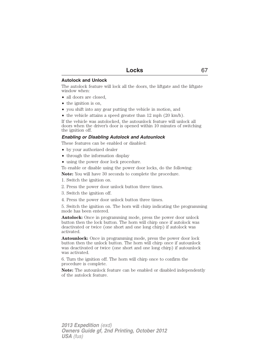 Autolock and unlock, Enabling or disabling autolock and autounlock, Locks 67 | FORD 2013 Expedition v.2 User Manual | Page 68 / 508