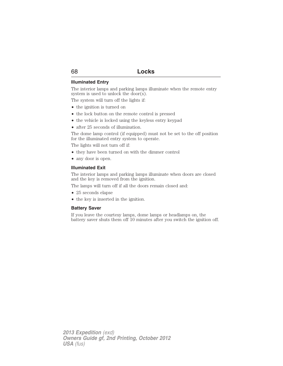 Illuminated entry, Illuminated exit, Battery saver | 68 locks | FORD 2013 Expedition v.2 User Manual | Page 69 / 508