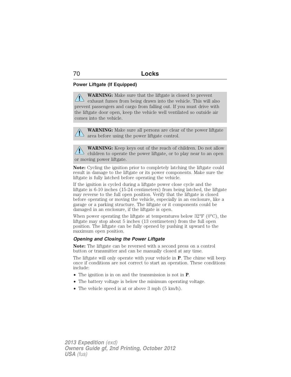 Power liftgate (if equipped), Opening and closing the power liftgate, 70 locks | FORD 2013 Expedition v.2 User Manual | Page 71 / 508