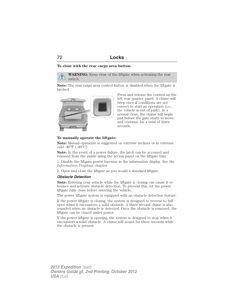 Obstacle detection, 72 locks | FORD 2013 Expedition v.2 User Manual | Page 73 / 508