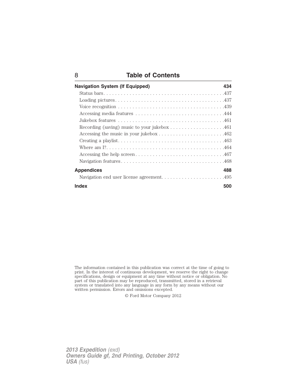 8table of contents | FORD 2013 Expedition v.2 User Manual | Page 9 / 508
