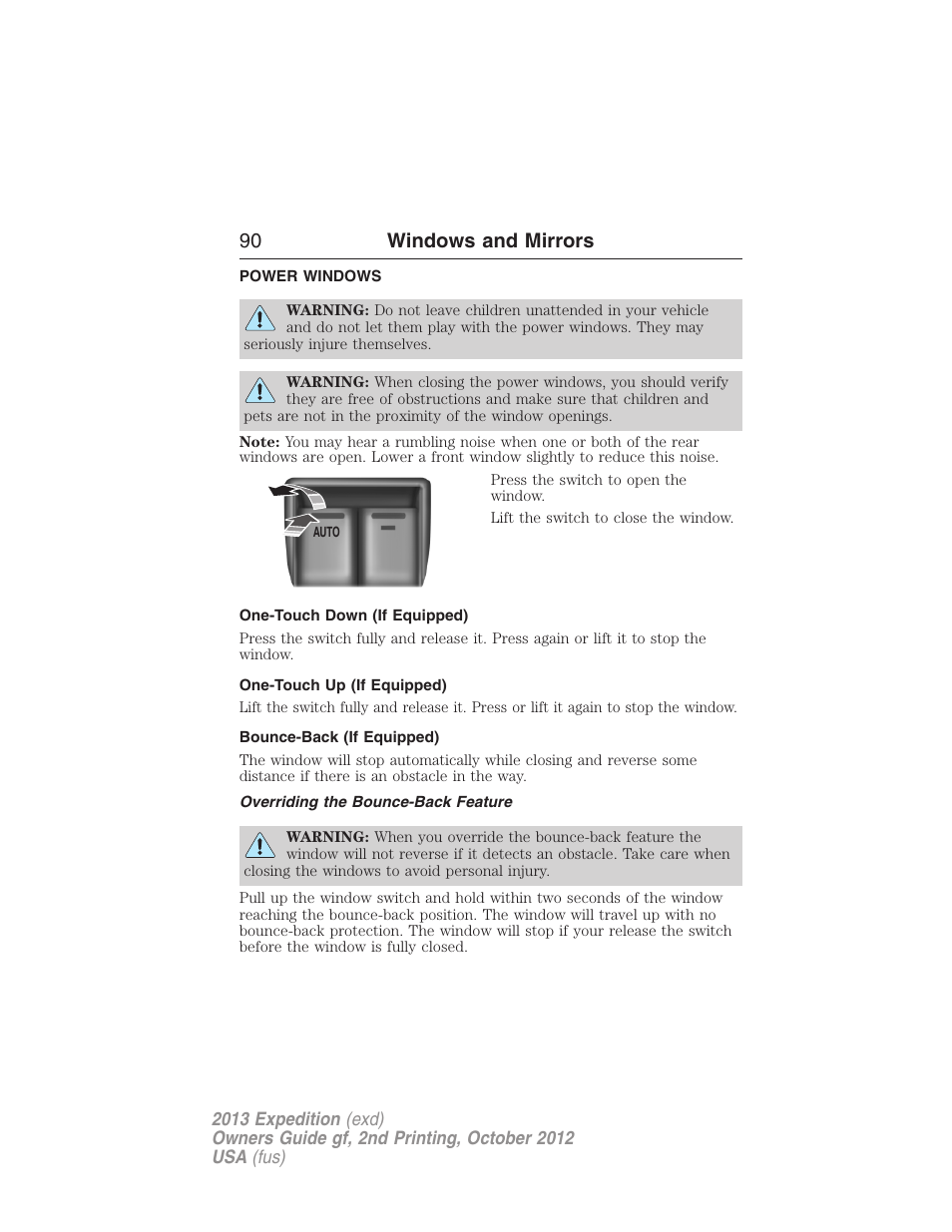 Windows and mirrors, Power windows, One-touch down (if equipped) | One-touch up (if equipped), Bounce-back (if equipped), Overriding the bounce-back feature, 90 windows and mirrors | FORD 2013 Expedition v.2 User Manual | Page 91 / 508