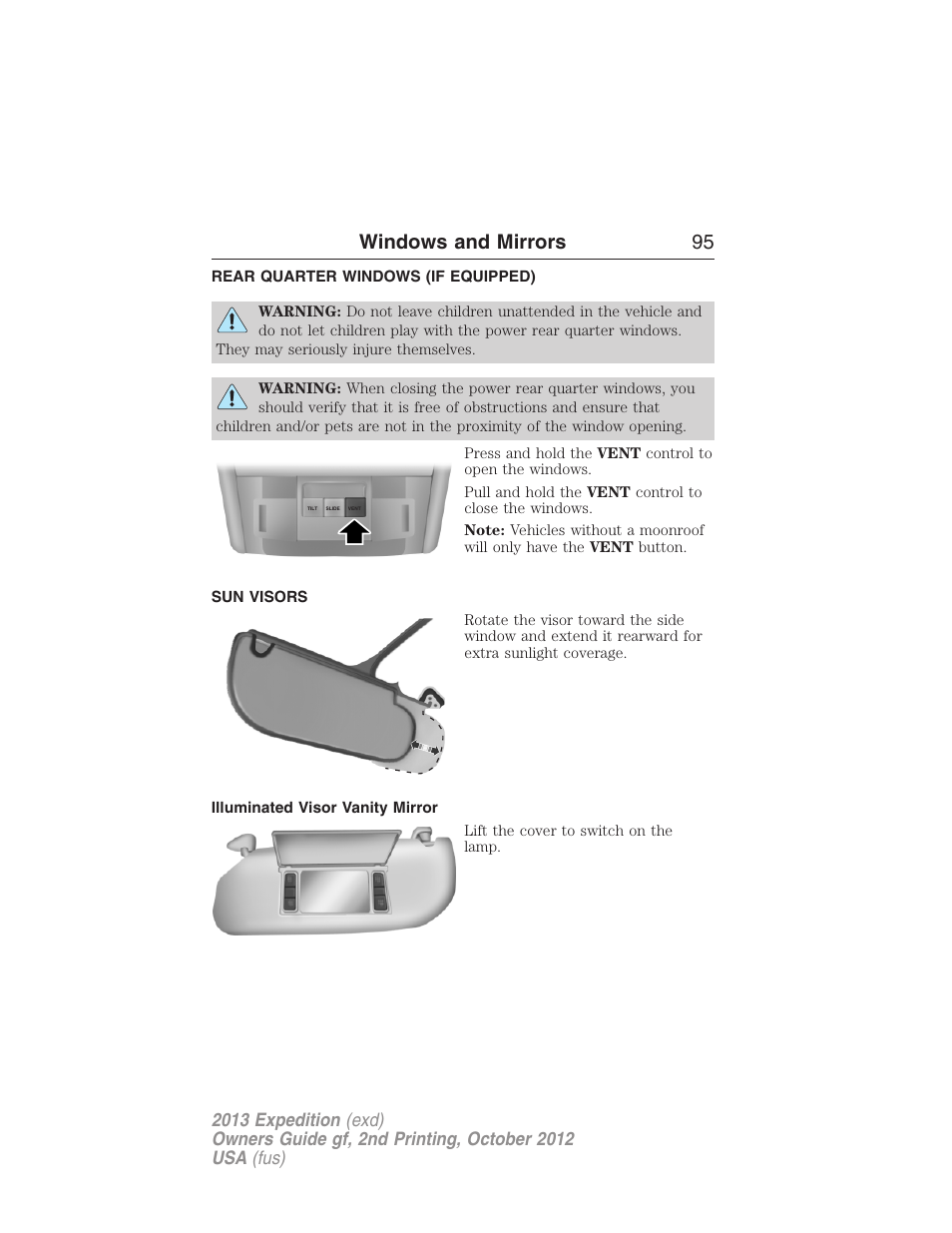 Rear quarter windows (if equipped), Sun visors, Illuminated visor vanity mirror | Windows and mirrors 95 | FORD 2013 Expedition v.2 User Manual | Page 96 / 508