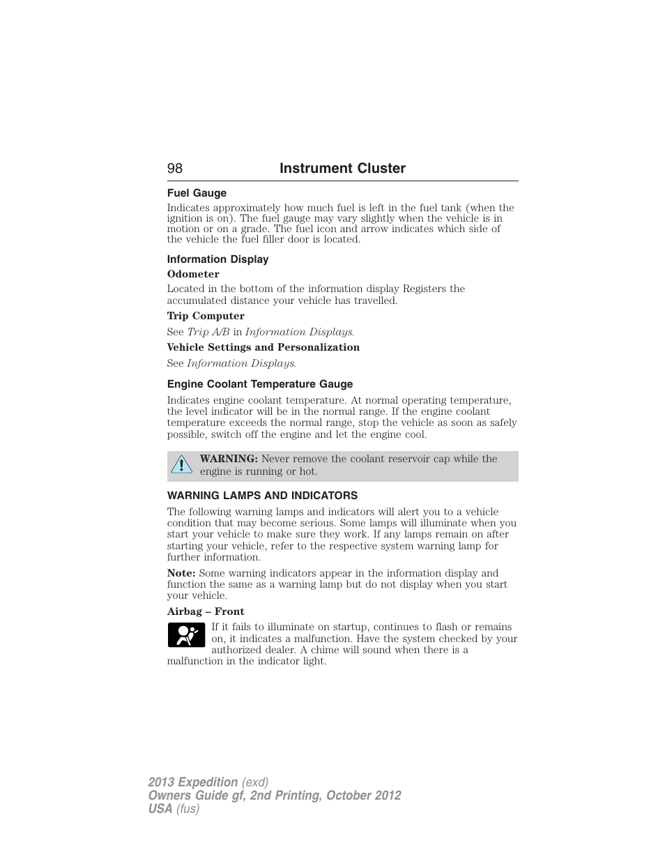 Fuel gauge, Information display, Engine coolant temperature gauge | Warning lamps and indicators, 98 instrument cluster | FORD 2013 Expedition v.2 User Manual | Page 99 / 508