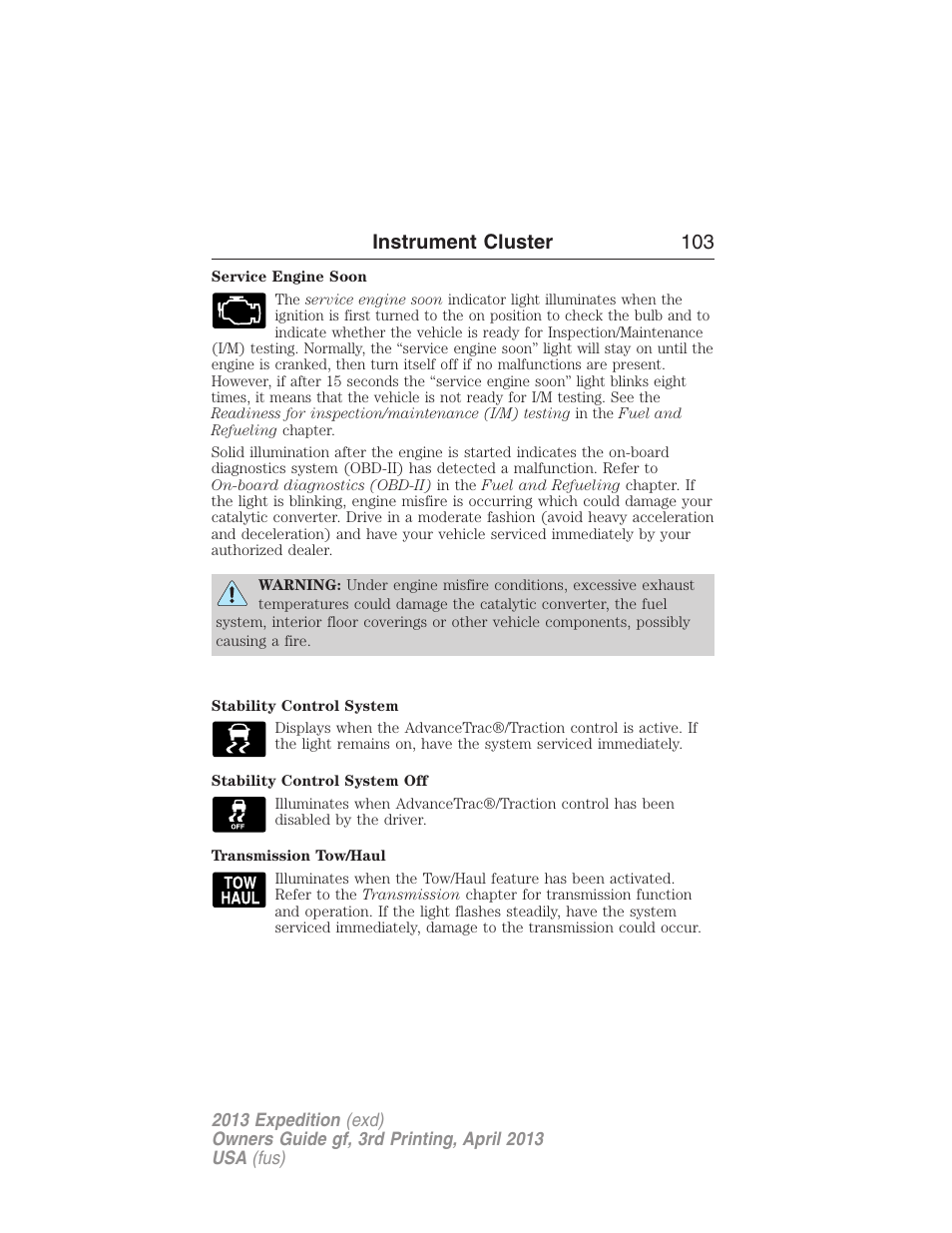 Instrument cluster 103 | FORD 2013 Expedition v.3 User Manual | Page 104 / 515