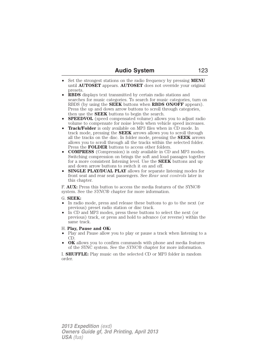 Audio system 123 | FORD 2013 Expedition v.3 User Manual | Page 124 / 515