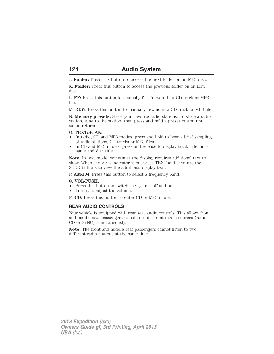 Rear audio controls, Rear seat controls, 124 audio system | FORD 2013 Expedition v.3 User Manual | Page 125 / 515
