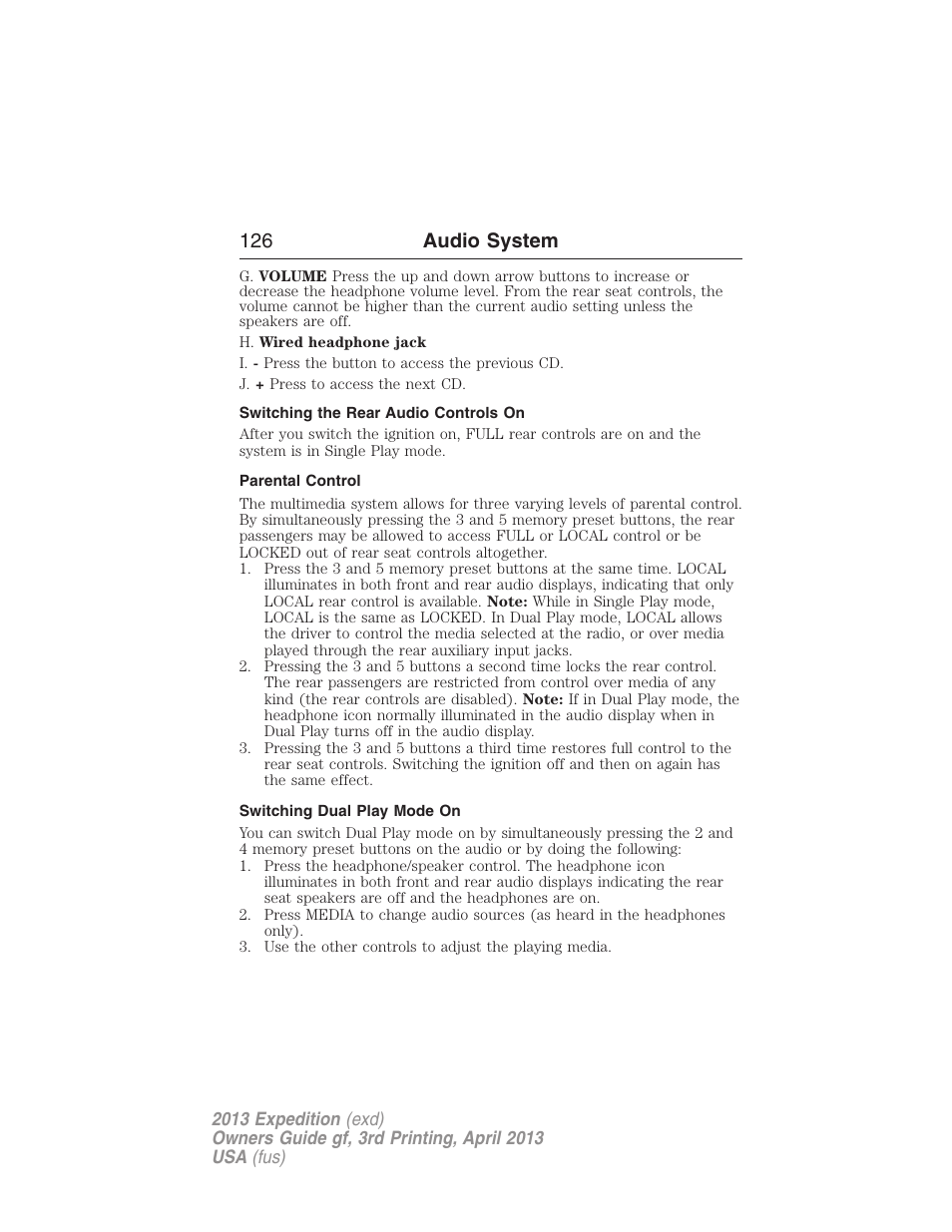 Switching the rear audio controls on, Parental control, Switching dual play mode on | 126 audio system | FORD 2013 Expedition v.3 User Manual | Page 127 / 515