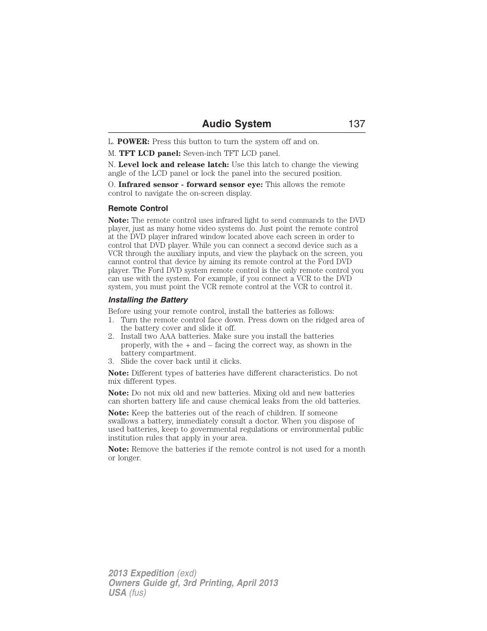 Remote control, Installing the battery, Audio system 137 | FORD 2013 Expedition v.3 User Manual | Page 138 / 515