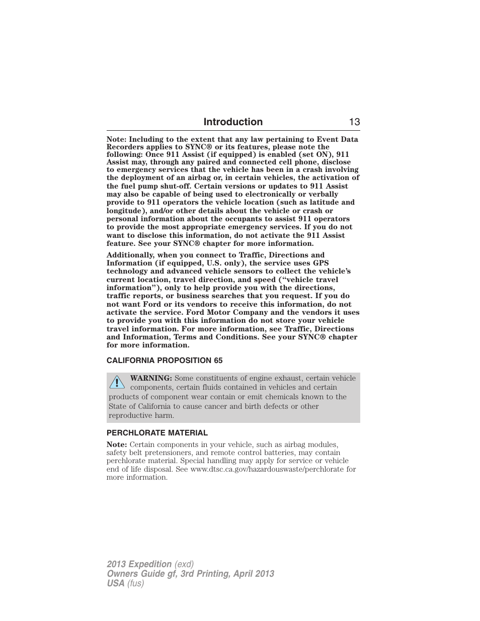 California proposition 65, Perchlorate material, Introduction 13 | FORD 2013 Expedition v.3 User Manual | Page 14 / 515