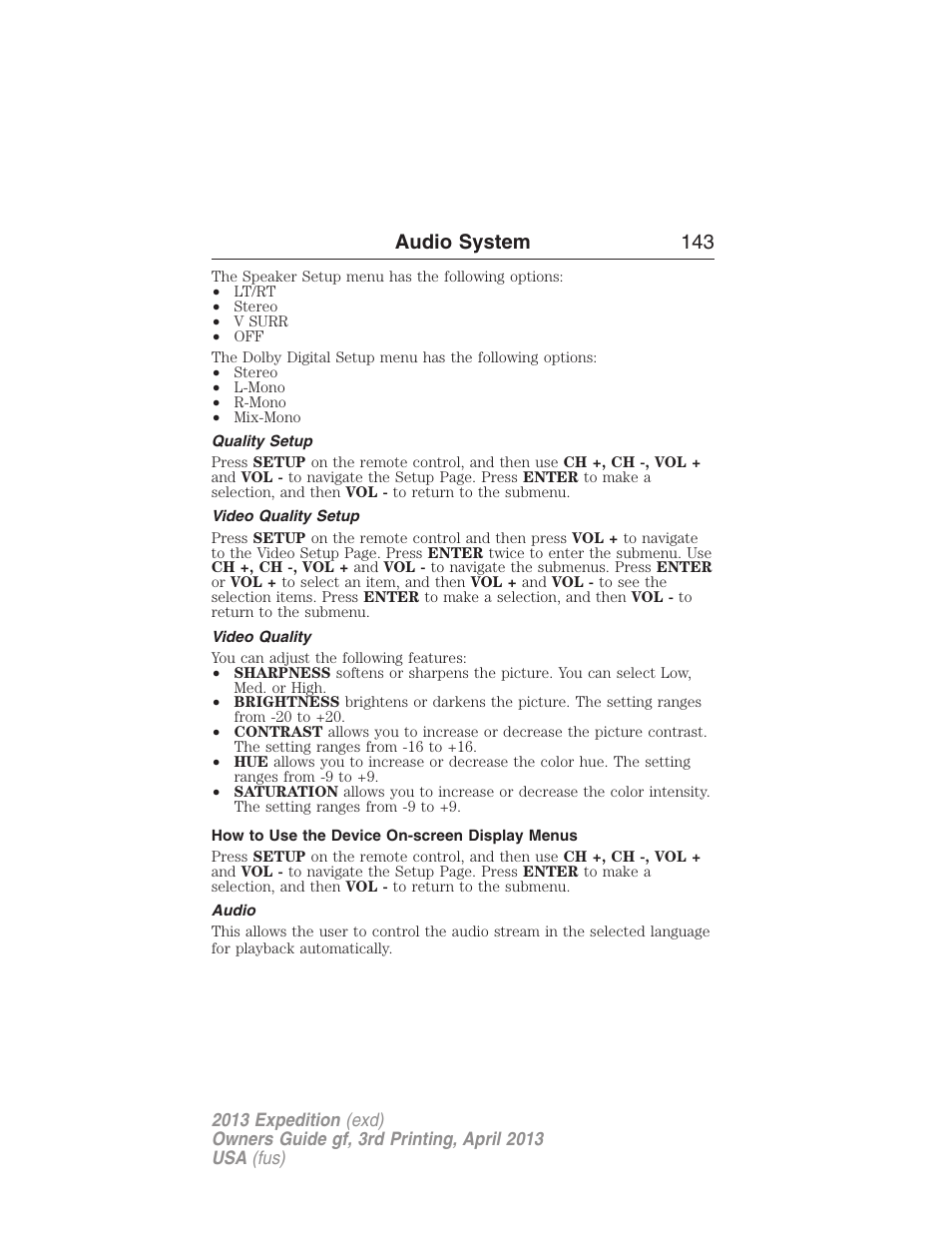 Quality setup, Video quality setup, Video quality | How to use the device on-screen display menus, Audio, Audio system 143 | FORD 2013 Expedition v.3 User Manual | Page 144 / 515