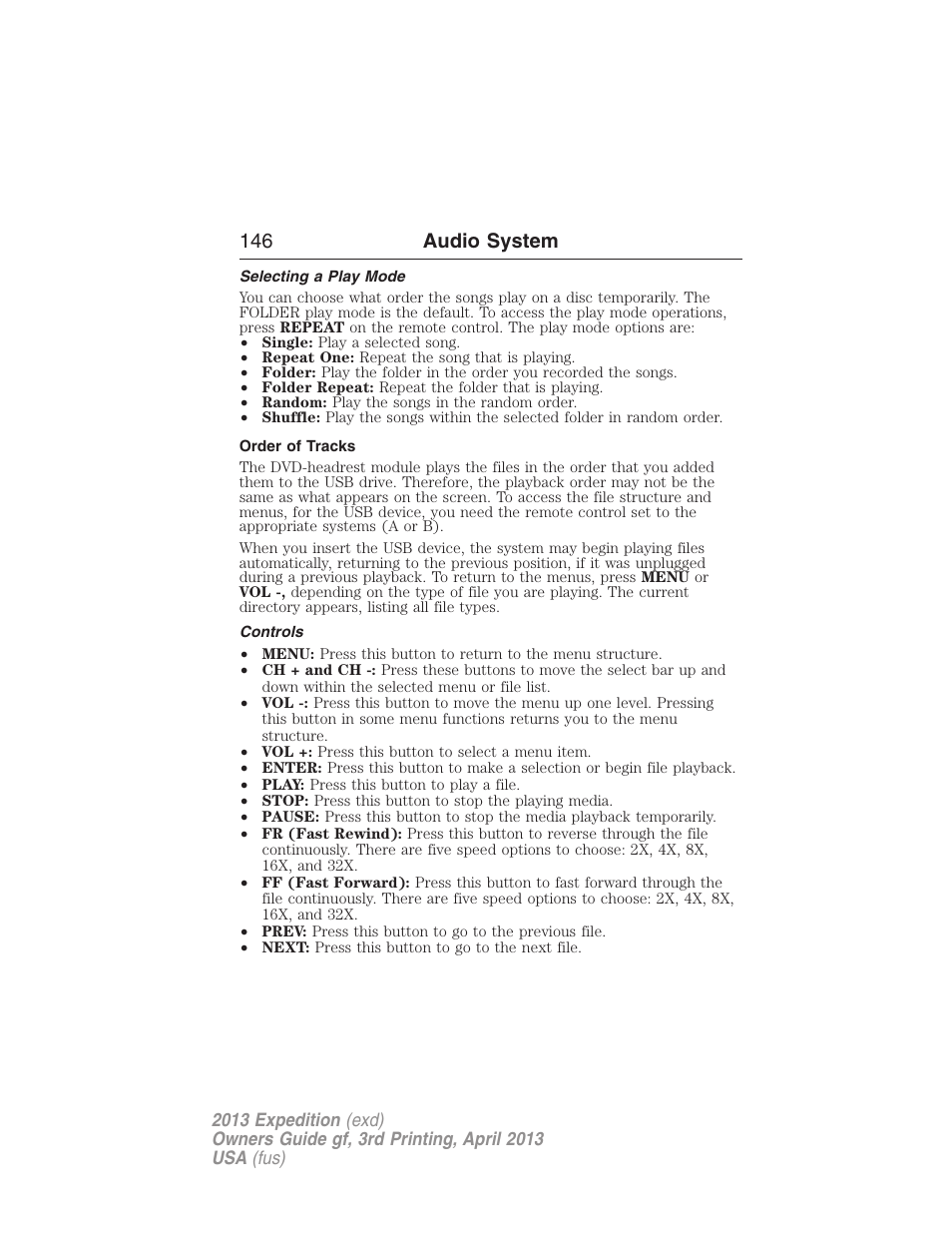 Selecting a play mode, Order of tracks, Controls | 146 audio system | FORD 2013 Expedition v.3 User Manual | Page 147 / 515