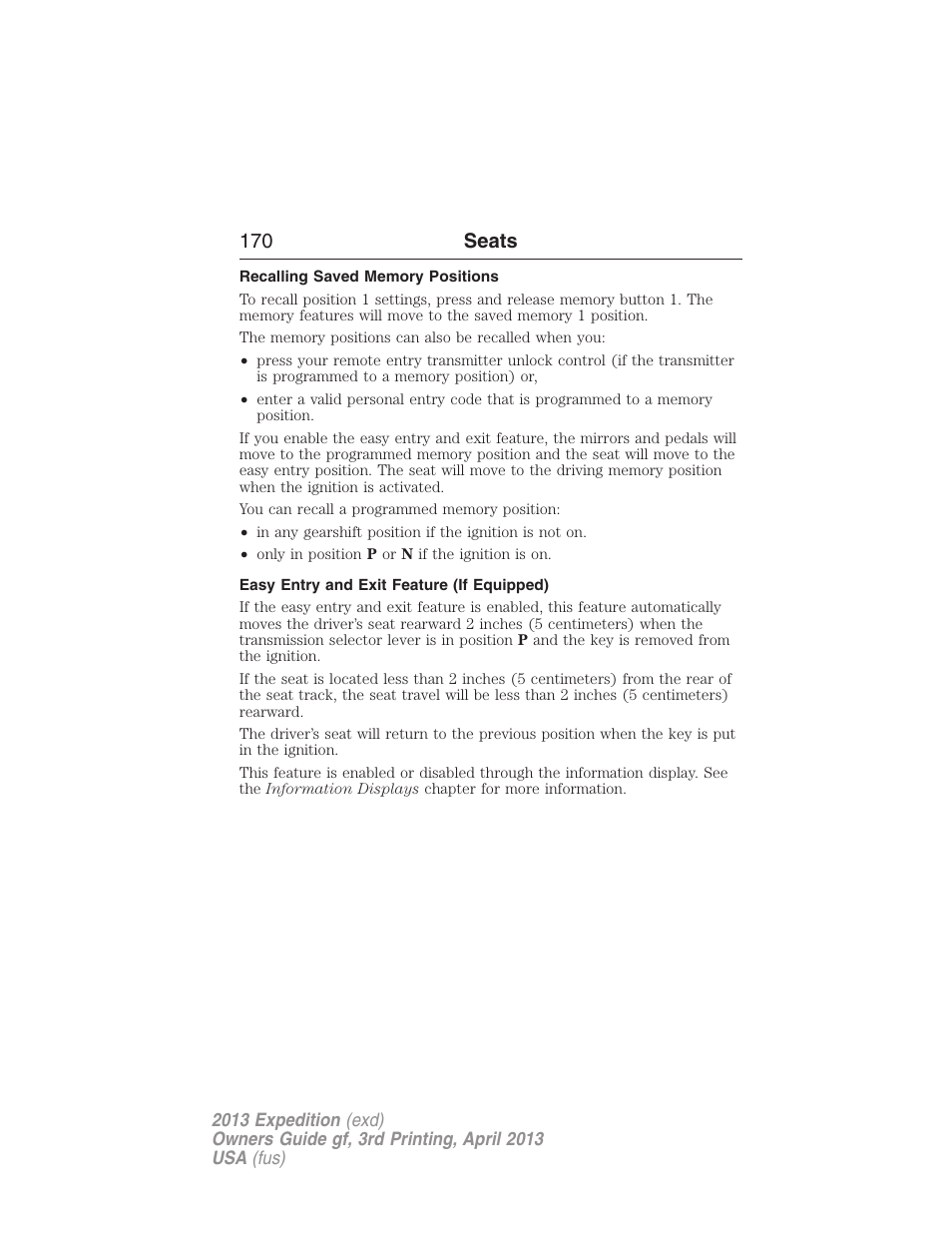 Recalling saved memory positions, Easy entry and exit feature (if equipped), 170 seats | FORD 2013 Expedition v.3 User Manual | Page 171 / 515