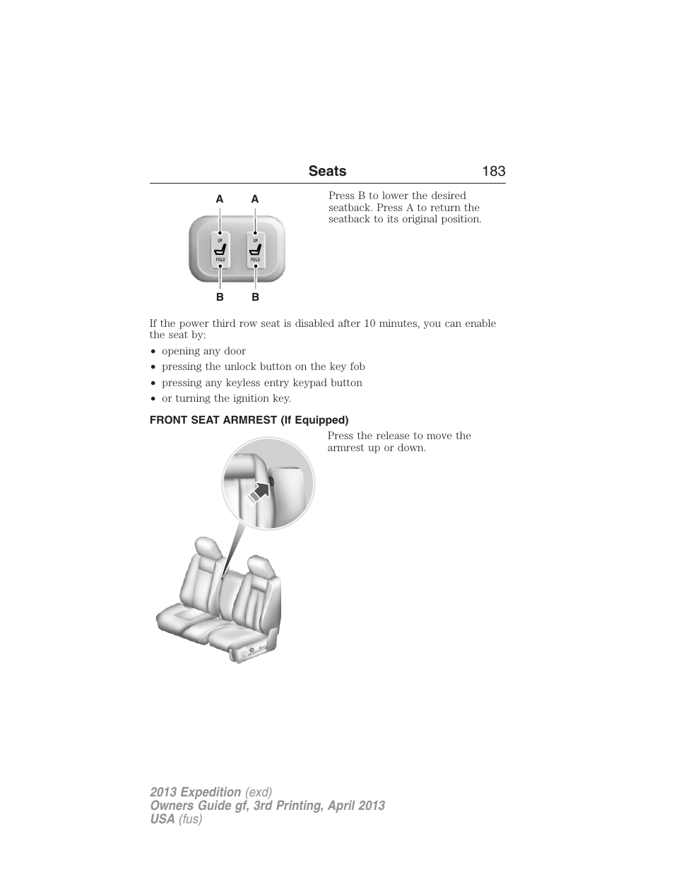 Front seat armrest (if equipped), Seats 183 | FORD 2013 Expedition v.3 User Manual | Page 184 / 515