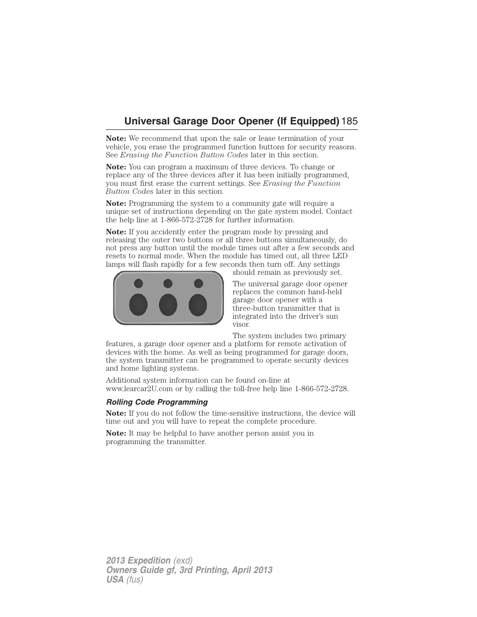 Rolling code programming, Universal garage door opener (if equipped) 185 | FORD 2013 Expedition v.3 User Manual | Page 186 / 515