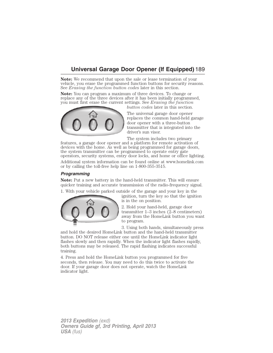 Programming, Universal garage door opener (if equipped) 189 | FORD 2013 Expedition v.3 User Manual | Page 190 / 515