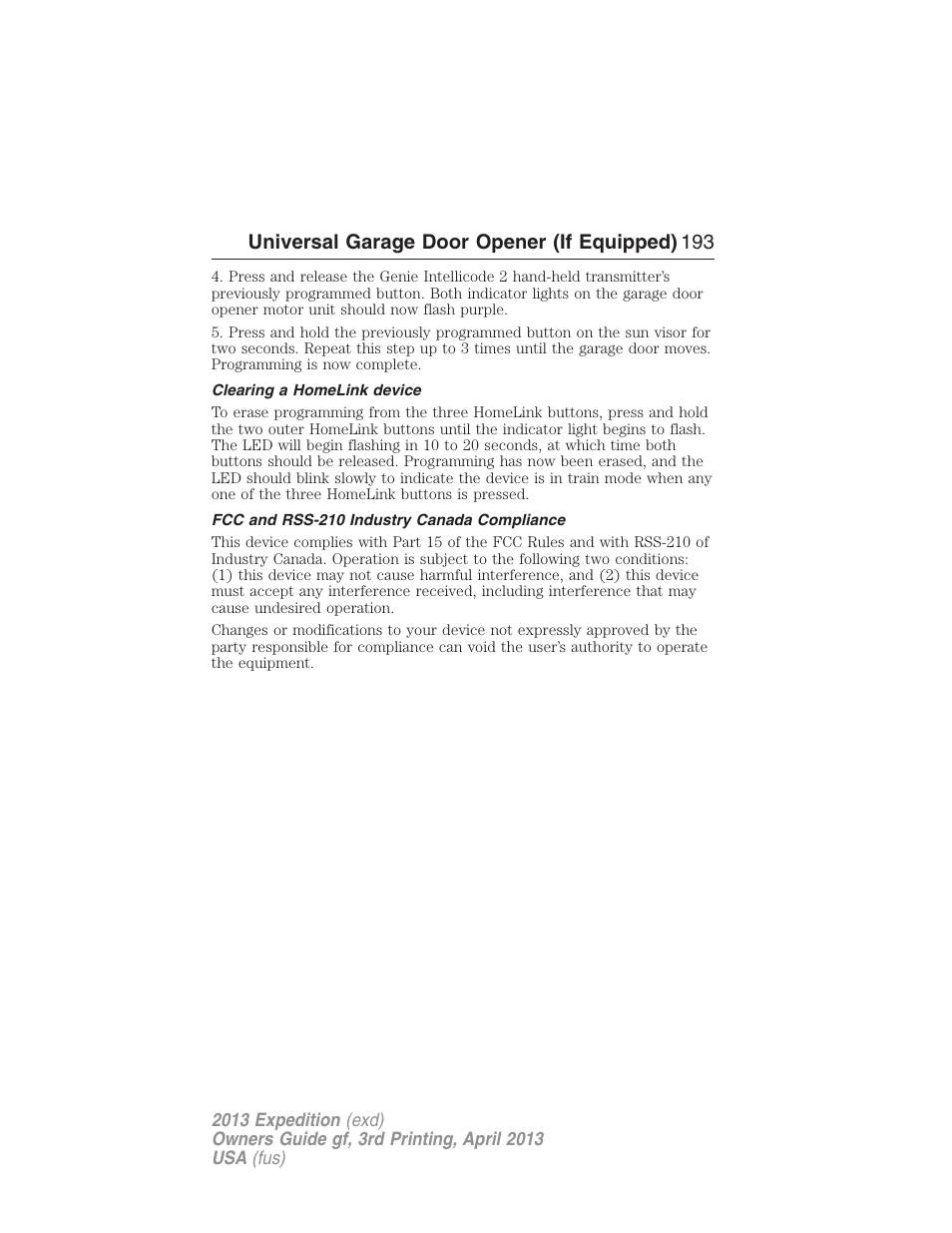 Clearing a homelink device, Fcc and rss-210 industry canada compliance, Universal garage door opener (if equipped) 193 | FORD 2013 Expedition v.3 User Manual | Page 194 / 515