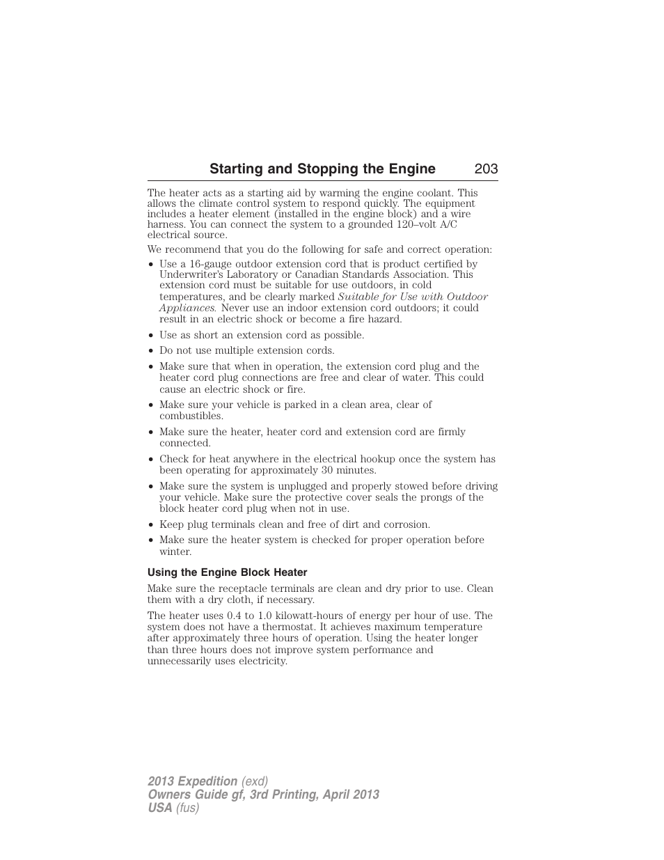 Using the engine block heater, Starting and stopping the engine 203 | FORD 2013 Expedition v.3 User Manual | Page 204 / 515