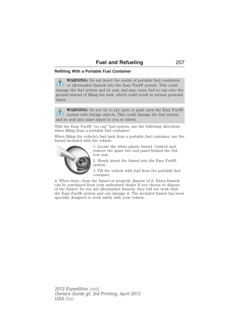 Refilling with a portable fuel container, Fuel and refueling 207 | FORD 2013 Expedition v.3 User Manual | Page 208 / 515