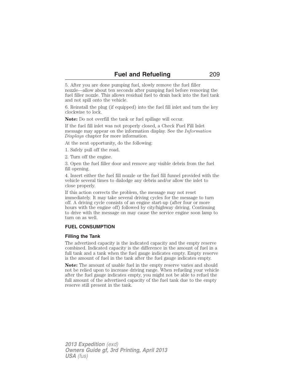 Fuel consumption, Filling the tank, Fuel and refueling 209 | FORD 2013 Expedition v.3 User Manual | Page 210 / 515