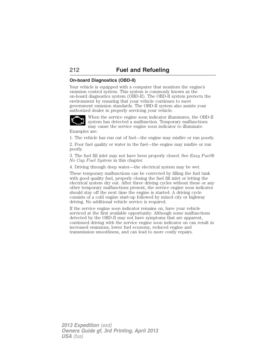 On-board diagnostics (obd-ii), 212 fuel and refueling | FORD 2013 Expedition v.3 User Manual | Page 213 / 515