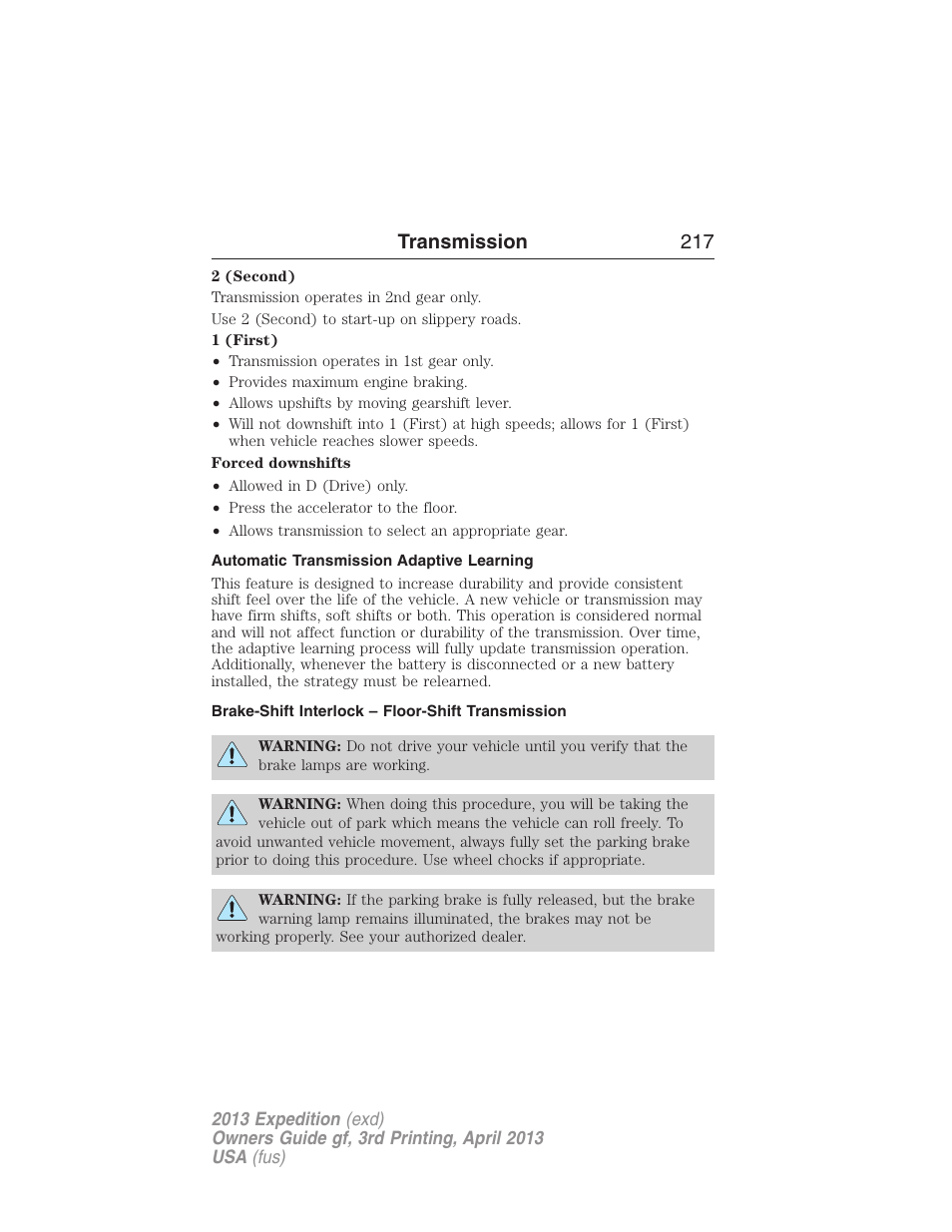 Automatic transmission adaptive learning, Brake-shift interlock – floor-shift transmission, Transmission 217 | FORD 2013 Expedition v.3 User Manual | Page 218 / 515