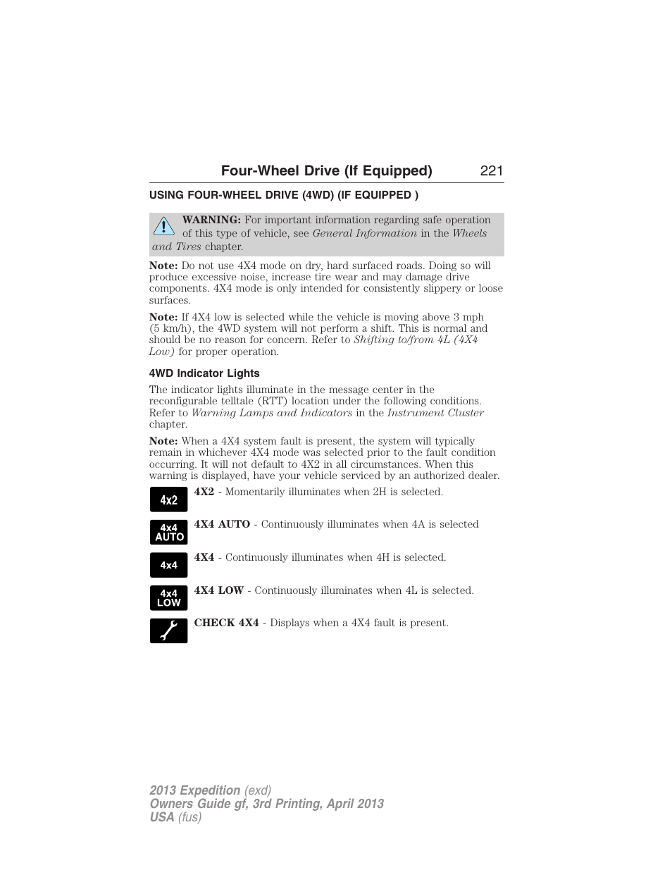 Four-wheel drive (if equipped), Using four-wheel drive (4wd) (if equipped ), 4wd indicator lights | Four wheel drive, Four-wheel drive (if equipped) 221 | FORD 2013 Expedition v.3 User Manual | Page 222 / 515