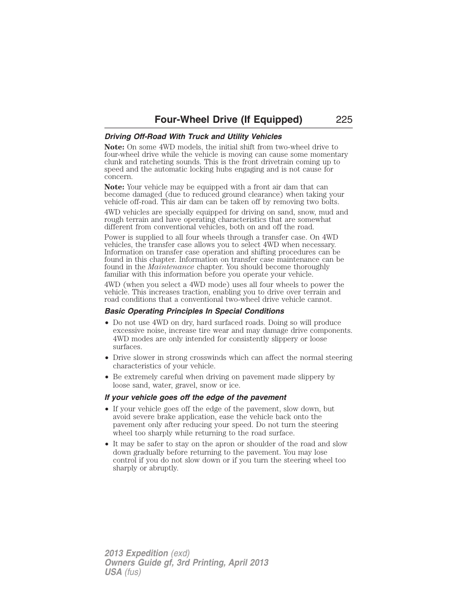 Driving off-road with truck and utility vehicles, Basic operating principles in special conditions, If your vehicle goes off the edge of the pavement | Four-wheel drive (if equipped) 225 | FORD 2013 Expedition v.3 User Manual | Page 226 / 515