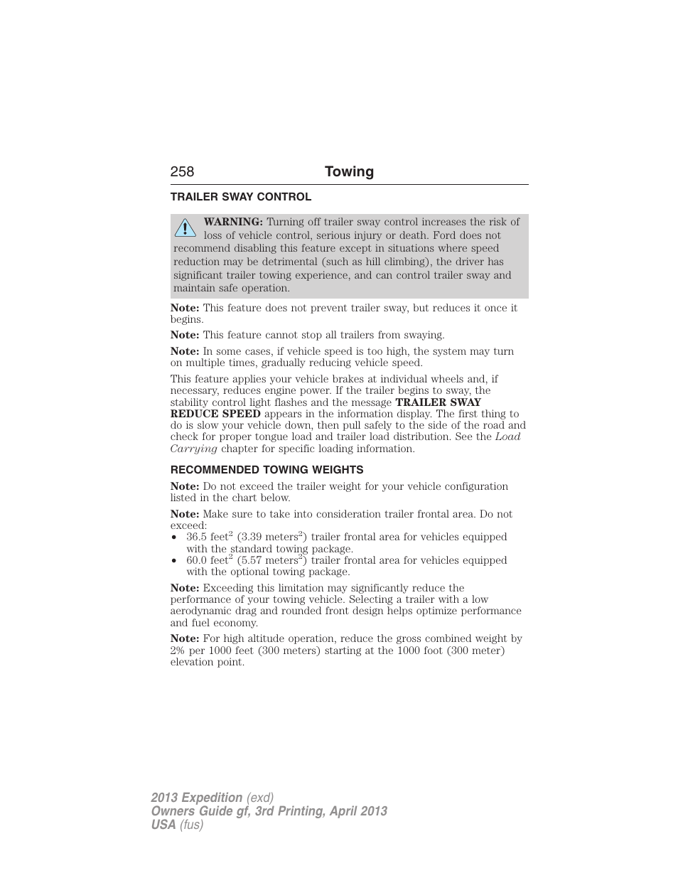 Trailer sway control, Recommended towing weights, 258 towing | FORD 2013 Expedition v.3 User Manual | Page 259 / 515