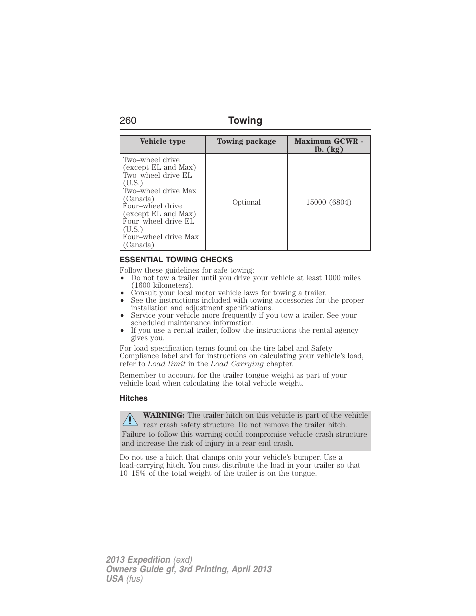 Essential towing checks, Hitches, 260 towing | FORD 2013 Expedition v.3 User Manual | Page 261 / 515