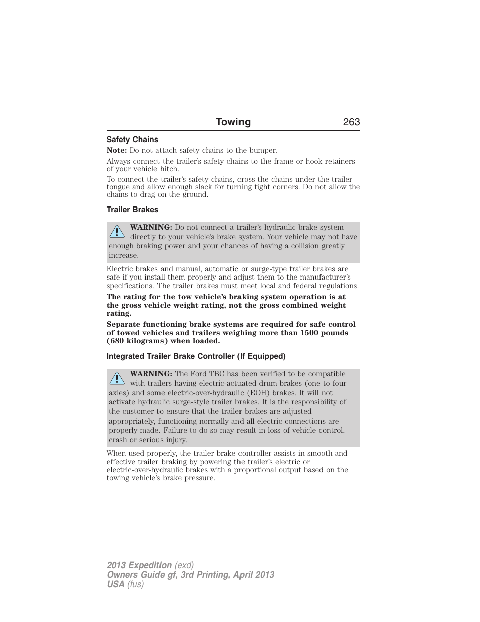 Safety chains, Trailer brakes, Integrated trailer brake controller (if equipped) | Trailer brake controller-integrated, Towing 263 | FORD 2013 Expedition v.3 User Manual | Page 264 / 515