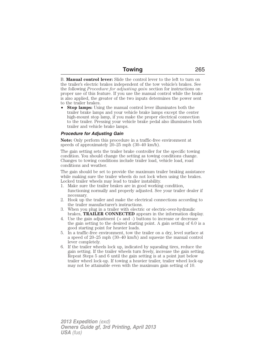 Procedure for adjusting gain, Towing 265 | FORD 2013 Expedition v.3 User Manual | Page 266 / 515