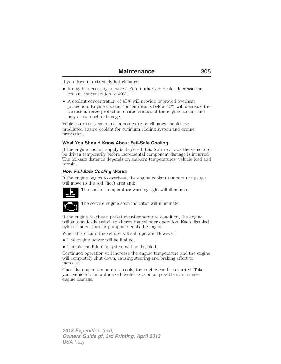 What you should know about fail-safe cooling, How fail-safe cooling works, Maintenance 305 | FORD 2013 Expedition v.3 User Manual | Page 306 / 515