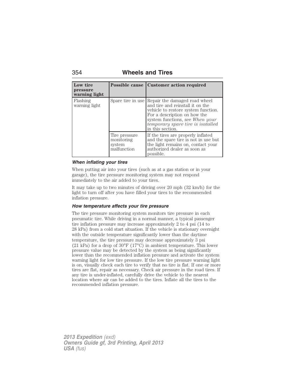 When inflating your tires, How temperature affects your tire pressure, 354 wheels and tires | FORD 2013 Expedition v.3 User Manual | Page 355 / 515