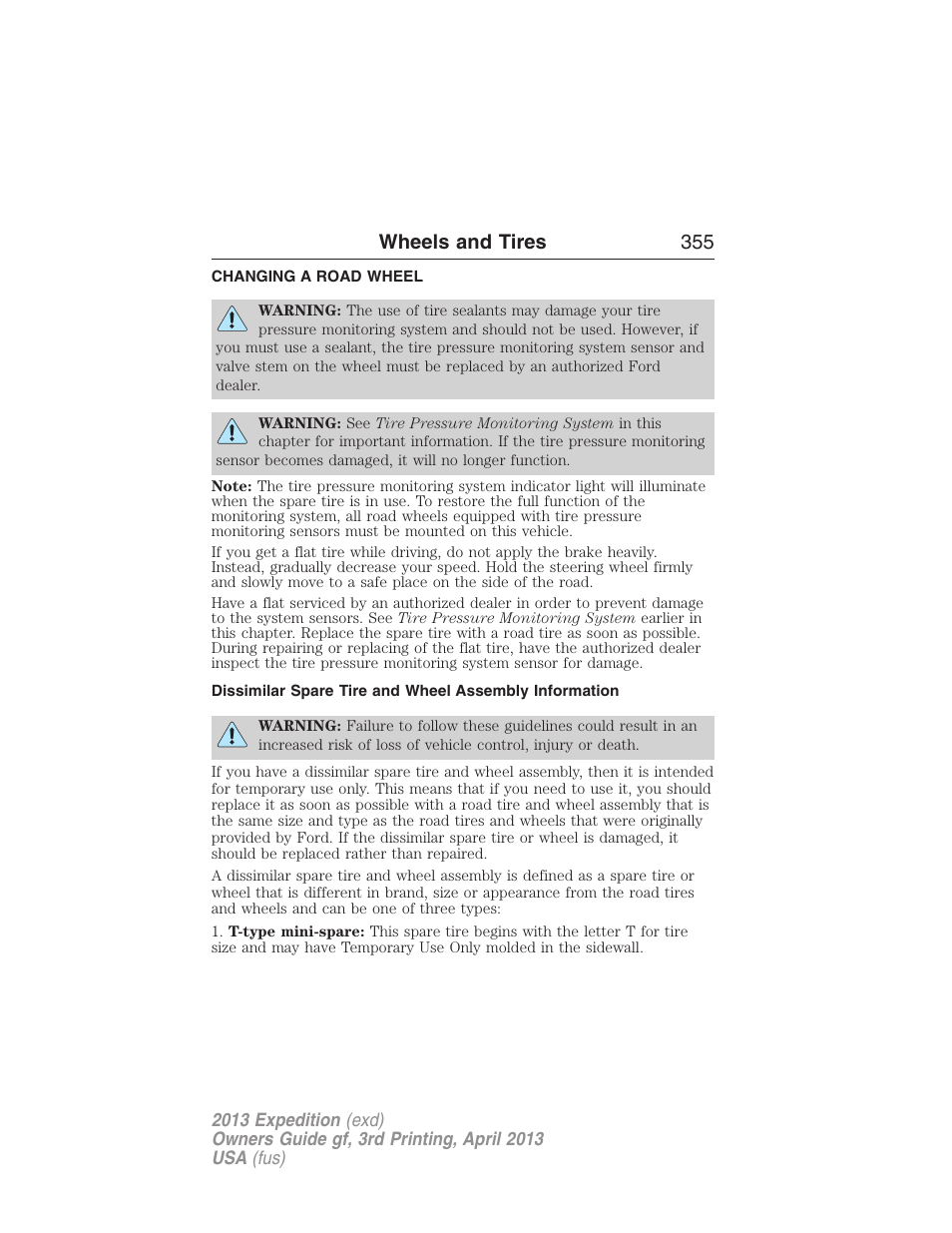 Changing a road wheel, Wheels and tires 355 | FORD 2013 Expedition v.3 User Manual | Page 356 / 515