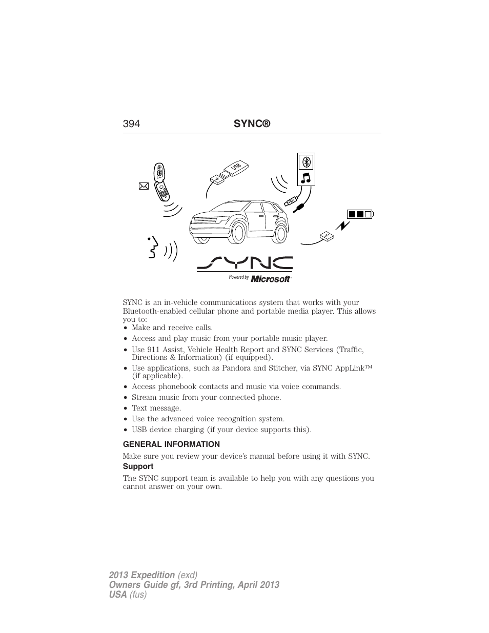 Sync, General information, Support | 394 sync | FORD 2013 Expedition v.3 User Manual | Page 395 / 515