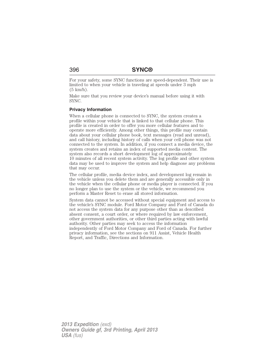 Privacy information, 396 sync | FORD 2013 Expedition v.3 User Manual | Page 397 / 515