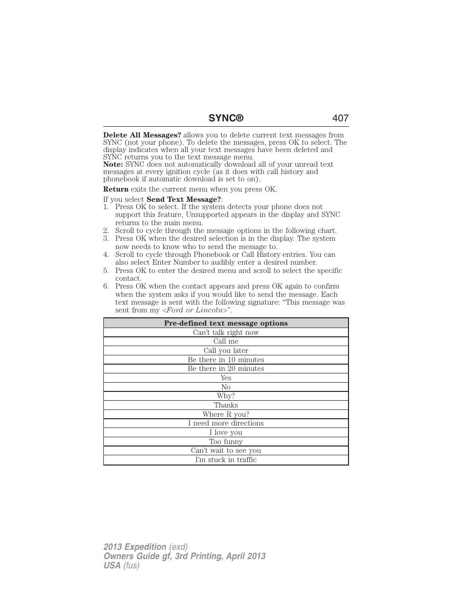 Sync® 407 | FORD 2013 Expedition v.3 User Manual | Page 408 / 515