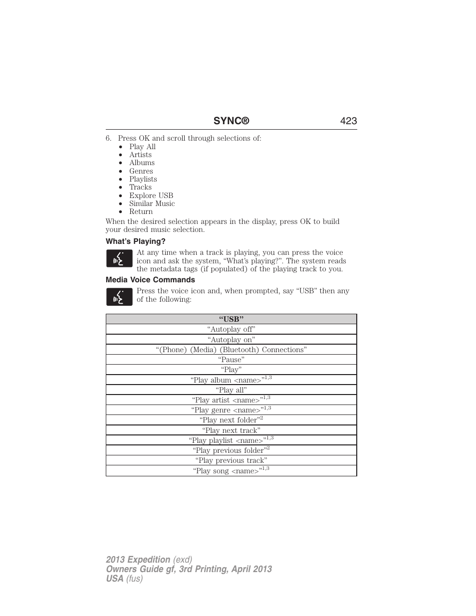 What’s playing, Media voice commands, Sync® 423 | FORD 2013 Expedition v.3 User Manual | Page 424 / 515