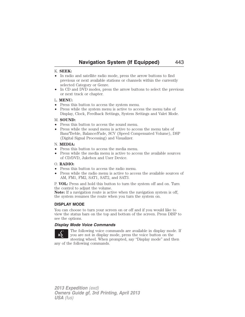 Display mode, Display mode voice commands, Navigation system (if equipped) 443 | FORD 2013 Expedition v.3 User Manual | Page 444 / 515