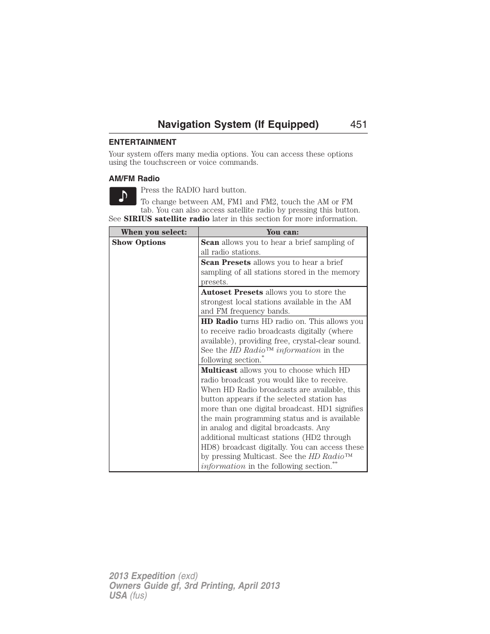 Entertainment, Am/fm radio, Accessing media features | Navigation system (if equipped) 451 | FORD 2013 Expedition v.3 User Manual | Page 452 / 515