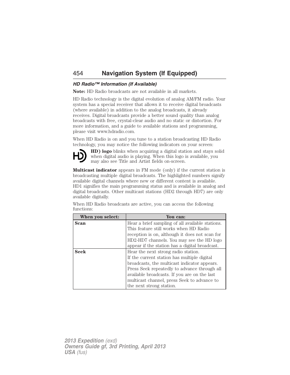 Hd radio™ information (if available), 454 navigation system (if equipped) | FORD 2013 Expedition v.3 User Manual | Page 455 / 515