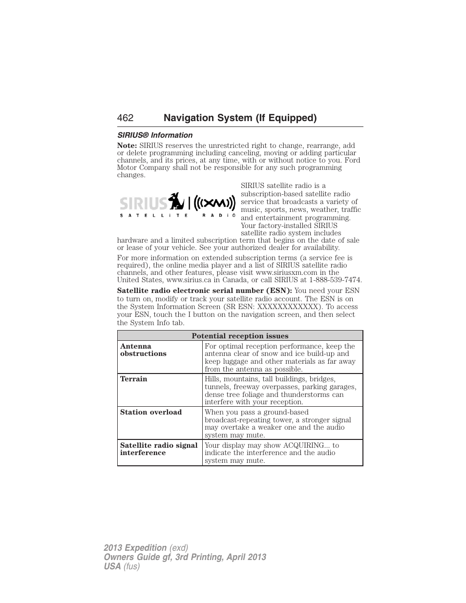 Sirius® information, 462 navigation system (if equipped) | FORD 2013 Expedition v.3 User Manual | Page 463 / 515