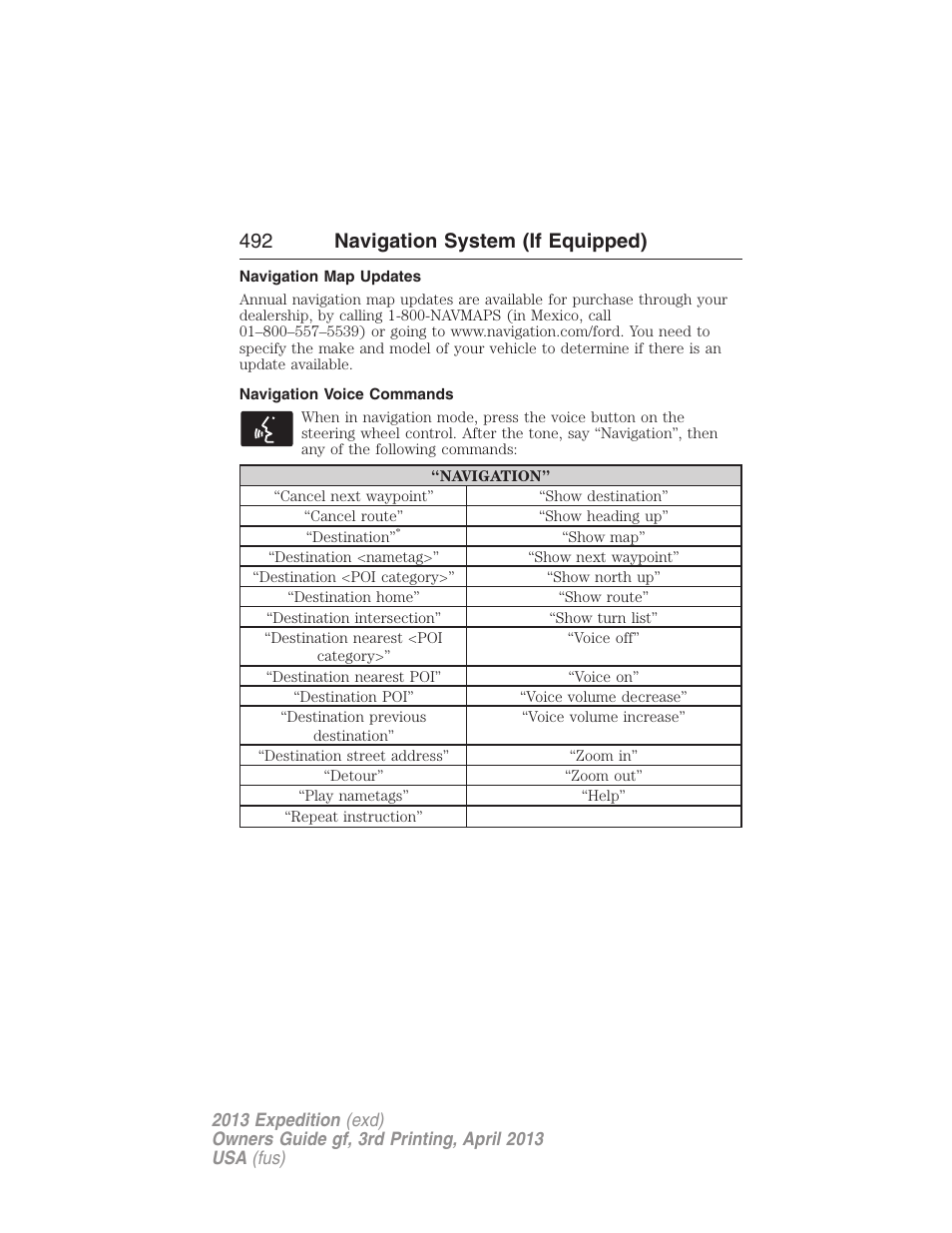 Navigation map updates, Navigation voice commands, 492 navigation system (if equipped) | FORD 2013 Expedition v.3 User Manual | Page 493 / 515