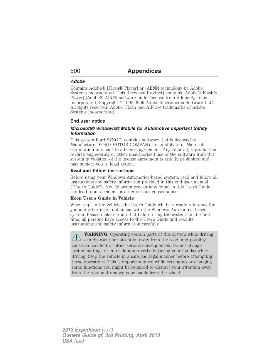 Adobe, End user notice, 500 appendices | FORD 2013 Expedition v.3 User Manual | Page 501 / 515