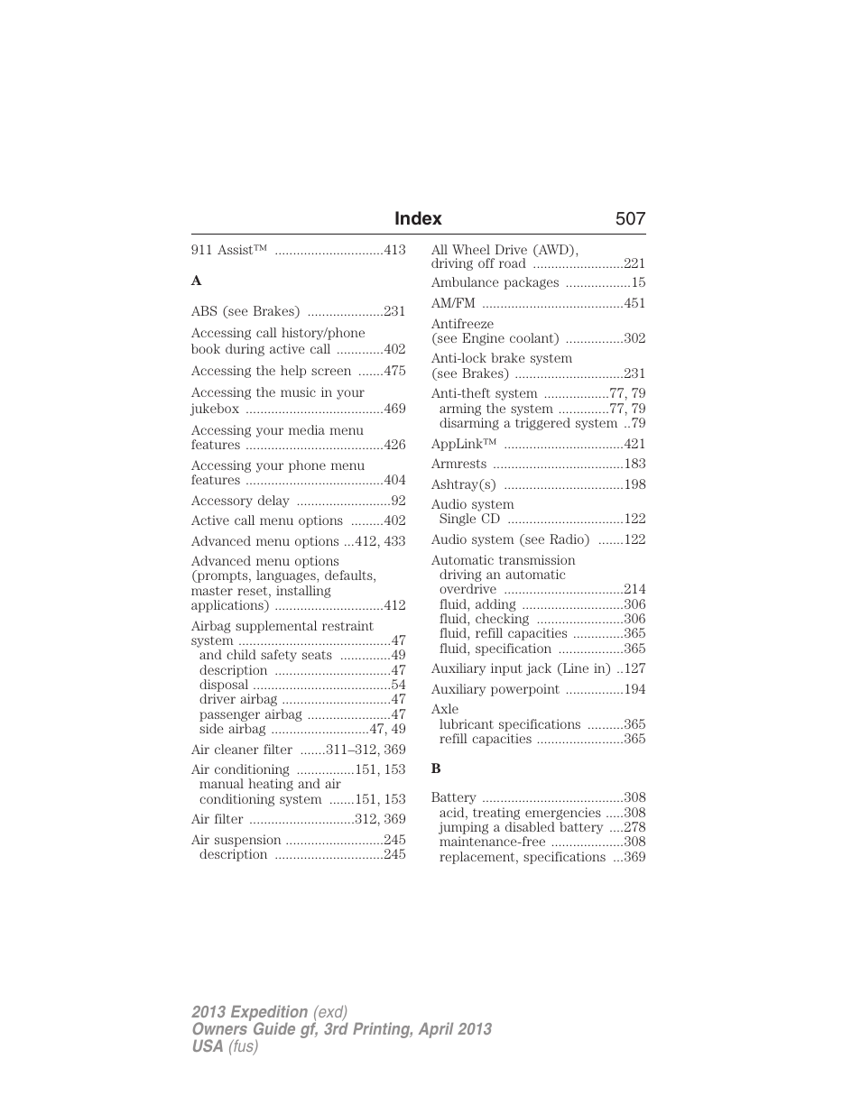 Index, Index 507 | FORD 2013 Expedition v.3 User Manual | Page 508 / 515